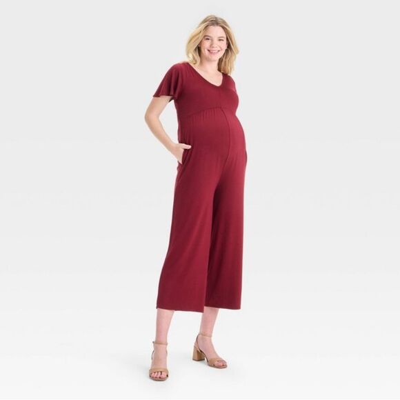 Knit Maternity Maroon Flutter Short Sleeve Isabel pant Jumpsuit medium - Picture 1 of 9
